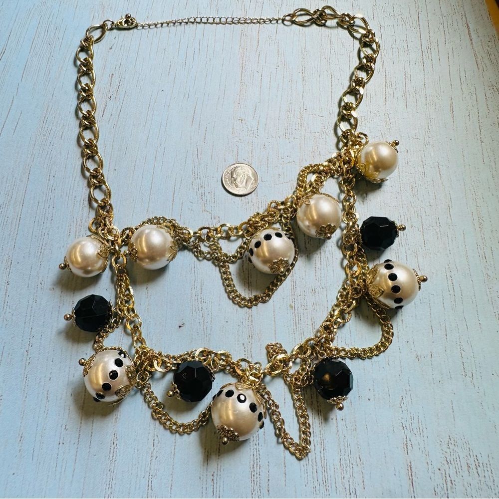 Goldtone Double Strand Festooned Faux Pearl BlackβCrystal Necklace 24 In.β